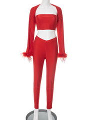 Sexy Feather Cropped Top Skinny Pants Club Sets