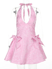 Sexy Jacquard Bow Deep V Halter Mini Dress