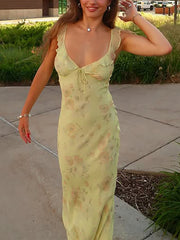 Fashion Ruffles Print V-neck Sleeveless Slim Dress