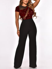 Fashion Sequin Mesh Patchwork Wide Leg Jumpsuit