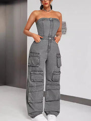 Casual High Waist Cargo Denim Jumpsuit