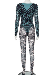 Sexy Sheer Mesh Print Bodysuit And Tight Pants Set