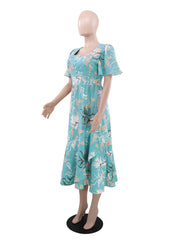 Fashion Print Square Neck Slim Split Midi Dress