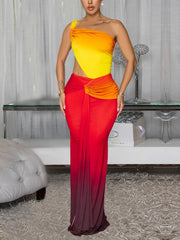 Sexy Hollow Out Gradient Color Ruched Maxi Dress