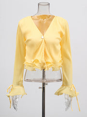 Fashion V Neck Flare Sleeve Ruffle Slim Shirt Top