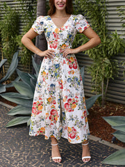 Elegant V-neck Floral Print Holiday Casual Dress