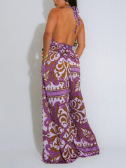 Sexy Satin Print Backless Halter Jumpsuit
