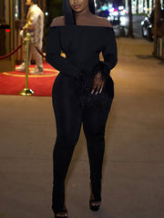 Fashion Off Shoulder Long Sleeve Tight Jumpsuit