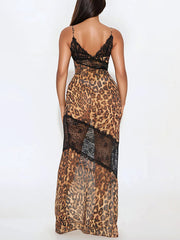 Sexy Leopard Lace Patchwork Chiffon Maxi Dress