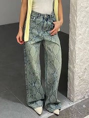 Fashion Snake Print Straight Leg Casual Jeans