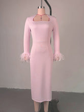 Feather Patchwork Cuff Formal Party Elegant Midi Dress