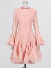 Round Collar Flare Sleeve Patchwork Ruffle Midi Dress