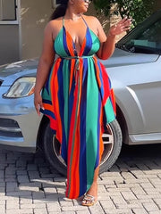 Sexy Low-Back Print Halter Lace-Up High-Slit Maxi Dress