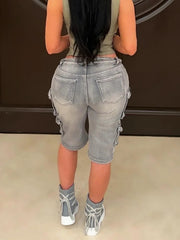 Casual High Wais Knee Length Denim Shorts