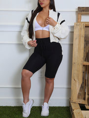 Contrast Color Drawstring Zipper Sweatshirt Shorts Sets