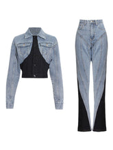 Fashion Patchwork Cropped Denim Jacket Jeans Set