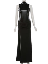 Sexy Sleeveless PU Leather Patchwork Pleated Slit Dress