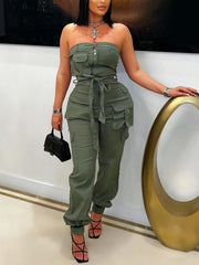 Casual Lace-up Pocket Patchwork Cargo Jumpsuit