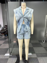Denim Sleeveless Suit Collar Stretchy Waist Romper