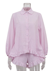 Striped Lapel Bubble Sleeve Ruffle Shorts Set