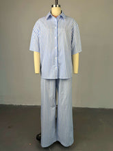 Casual Stripe Shirt High Waist Trousers Two Piece Set