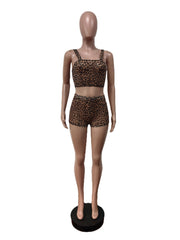Sexy Leopard Print Sheer Elastic Vest Shorts Club Set