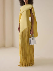 Elegant Solid Slim Tassel Maxi Dress With Cape