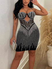 Sexy Rhinestone Hollow-out Bodycon Mini Dress