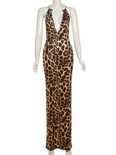 Leopard Halter Deep V Neck Backless Maxi Dress