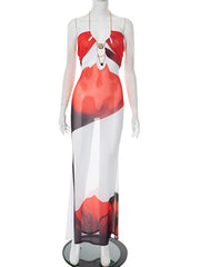 Sexy Floral Print Mesh Halter Backless Maxi Dress