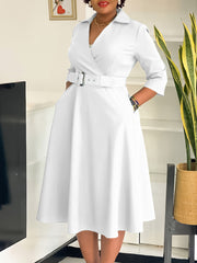 Fashion Deep V Turn-down Collar Belt A-Line Dress