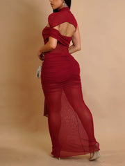 Sexy See-Through Mesh Ruched Long Dress Set