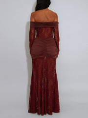 Sexy Off Shoulder Elegant Lace Ruched Maxi Dress