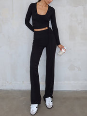 Casual Lace-up Crop Top High Waist Pants Sports Set