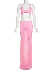 Sexy Knit Halter Long Skirt Beach Two Piece Set