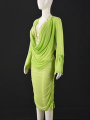 Sexy Cropped Ruched Tops Mesh Sheer Skirt 3 Piece Set