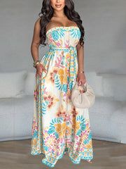 Sexy Print Backless Strapless Wide Leg Jumpsuit