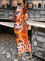 Fashion Print Deep V Neck Folds Split Dress