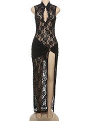 Sexy Lace Hollow out See through High Split Maxi Dress