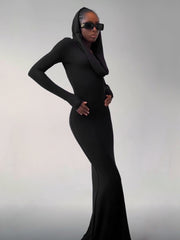 Fashion Swinging Collar Hooded Sleeve Maxi Dress