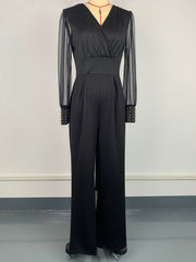 Elegant V Neck Mesh Long Sleeve Wide Leg Jumpsuit