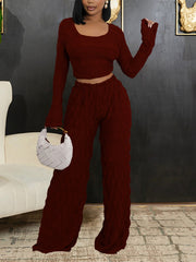 Rhombus Lattice Crop Tops Slim Trousers Sets