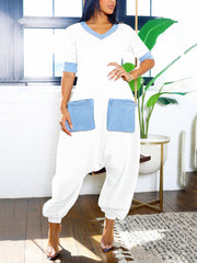 Casual V Neck Denim Patchwork Cargo Jumpsuit