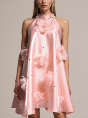 Elegant Halter Flowers Embellishment Diamond Mini Dress