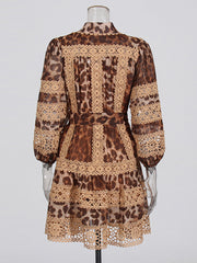 Fashion Print Lapel Puff Sleeve Lace-Up Dress