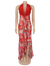 Sexy Deep V Halter Backless Lace-up Ruffle Dress