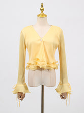 Fashion V Neck Flare Sleeve Ruffle Slim Shirt Top