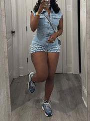 Casual Stretch Sleeveless Denim Cargo Romper