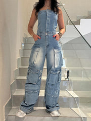 Off The Shoulder Denim Overalls Punk Pockets Jumpsuit