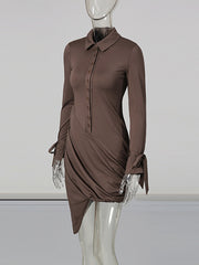 Turn-down Collar Draped Asymmetric Mini Dress